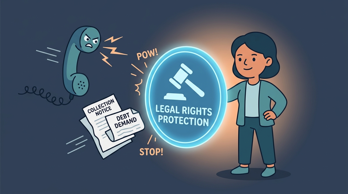 Cartoon illustration showing a family member holding a legal rights protection shield stopping collection calls