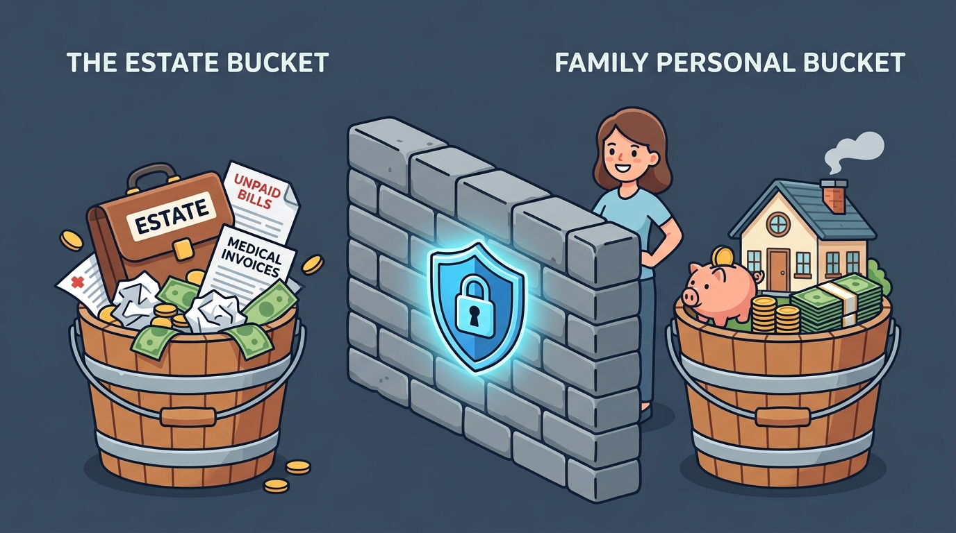 Cartoon infographic showing the Estate Bucket separated by a legal shield wall from the Family Personal Bucket