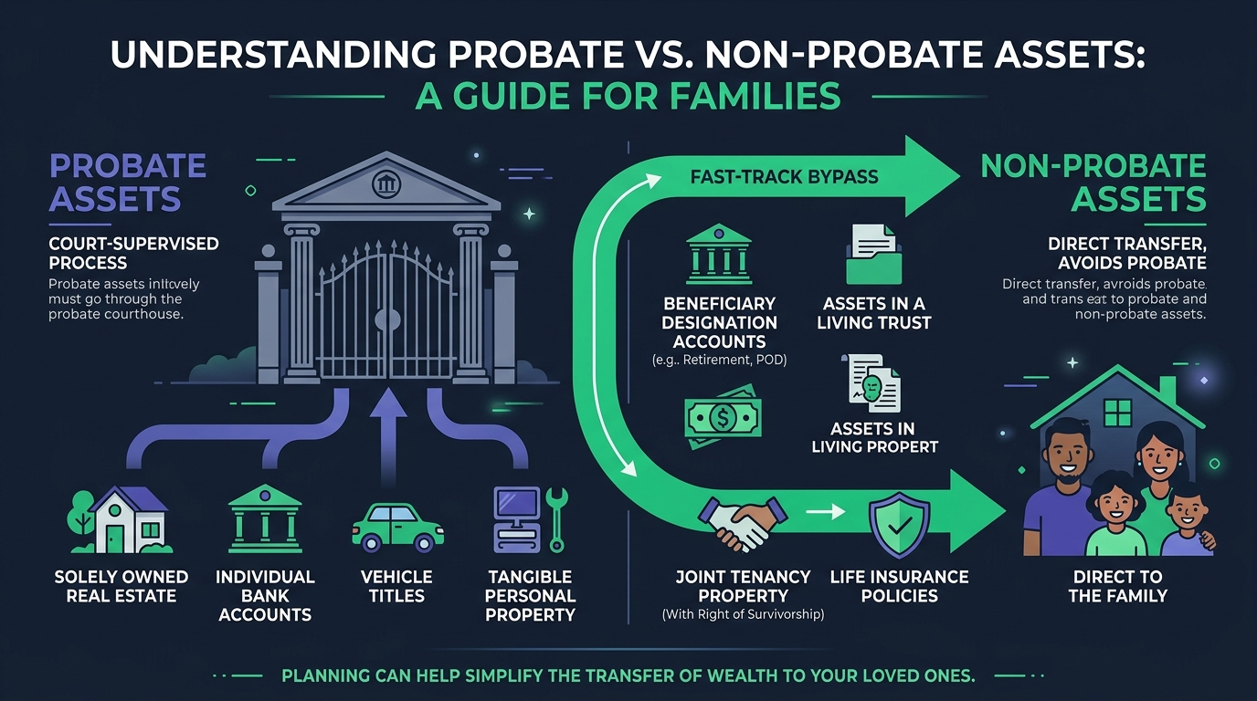 Infographic showing probate assets like solely owned homes and vehicle titles going through court, while beneficiary accounts and living trusts bypass court directly to the family