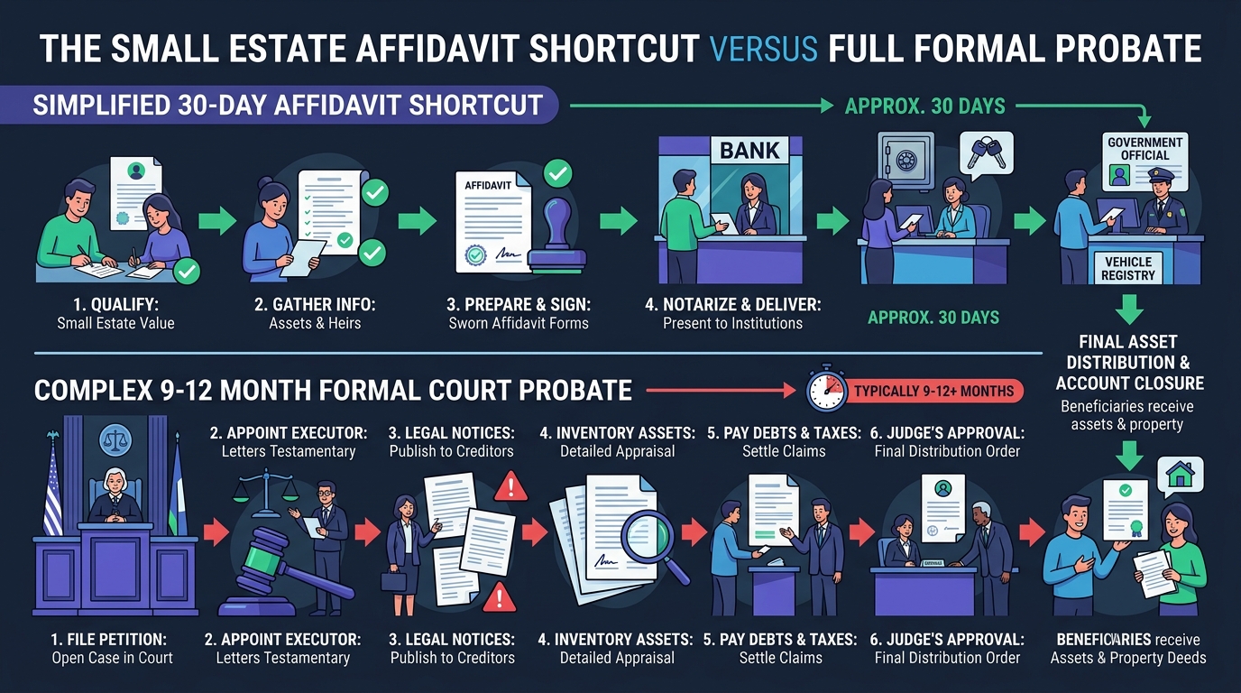 Infographic illustrating the 30-day simplified small estate affidavit path directly presenting forms to the bank versus the 9-12 month formal court probate route